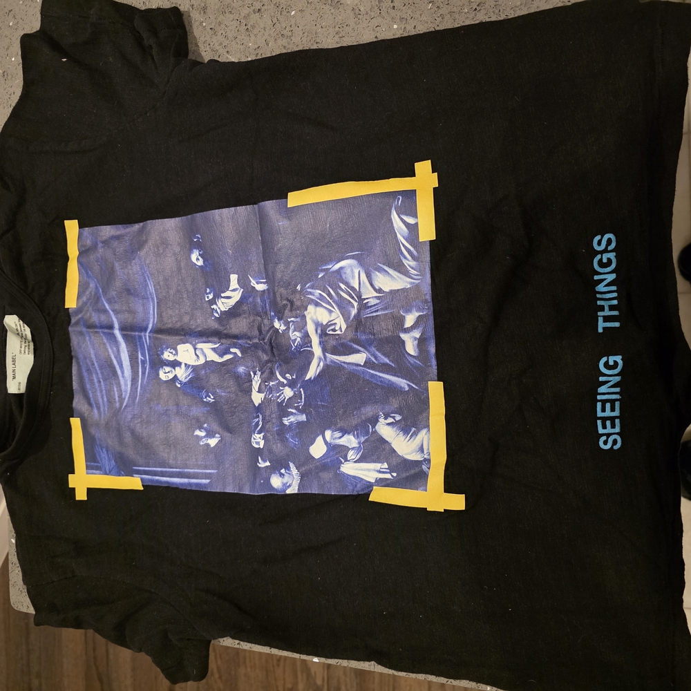Black Graphic T-Shirt with Blue and Yellow Design